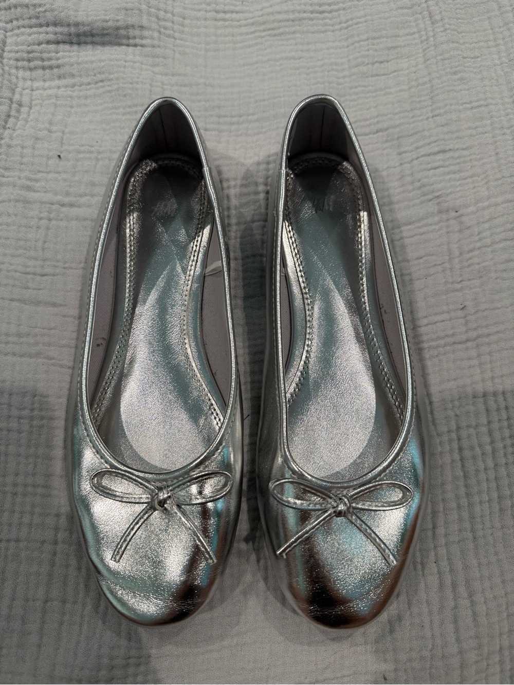 H&M Silver Metallic Ballet Flats with Bow Accent